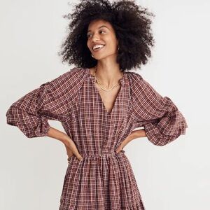Madewell Burgundy Plaid Long Sleeve Tiered Mini Dress NWT Large